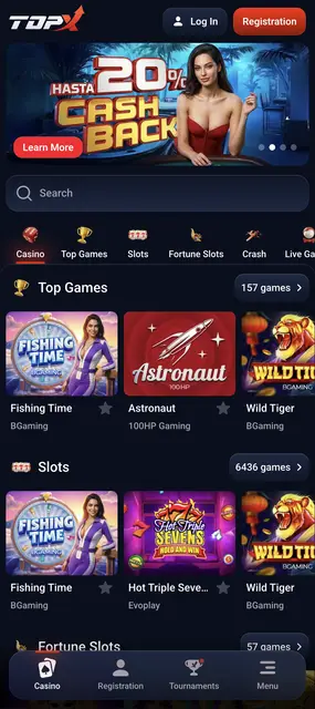 Pantalla de TopX: lobby principal con la promo de cashback